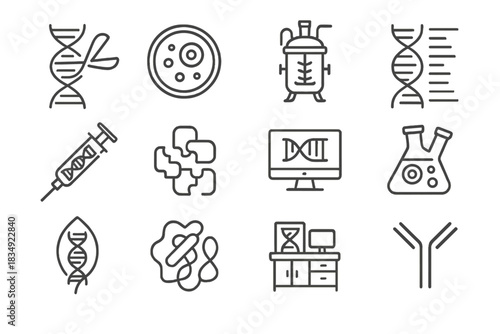 Grid dna antibody syringe protein icons bioreactor flask gene biotech enzyme icon