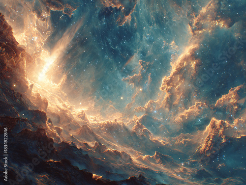 a swirling nebula with a bright, glowing center, surrounded by a mix of dark and illuminated clouds. The colors range from deep blues and blacks to warm yellows and oranges