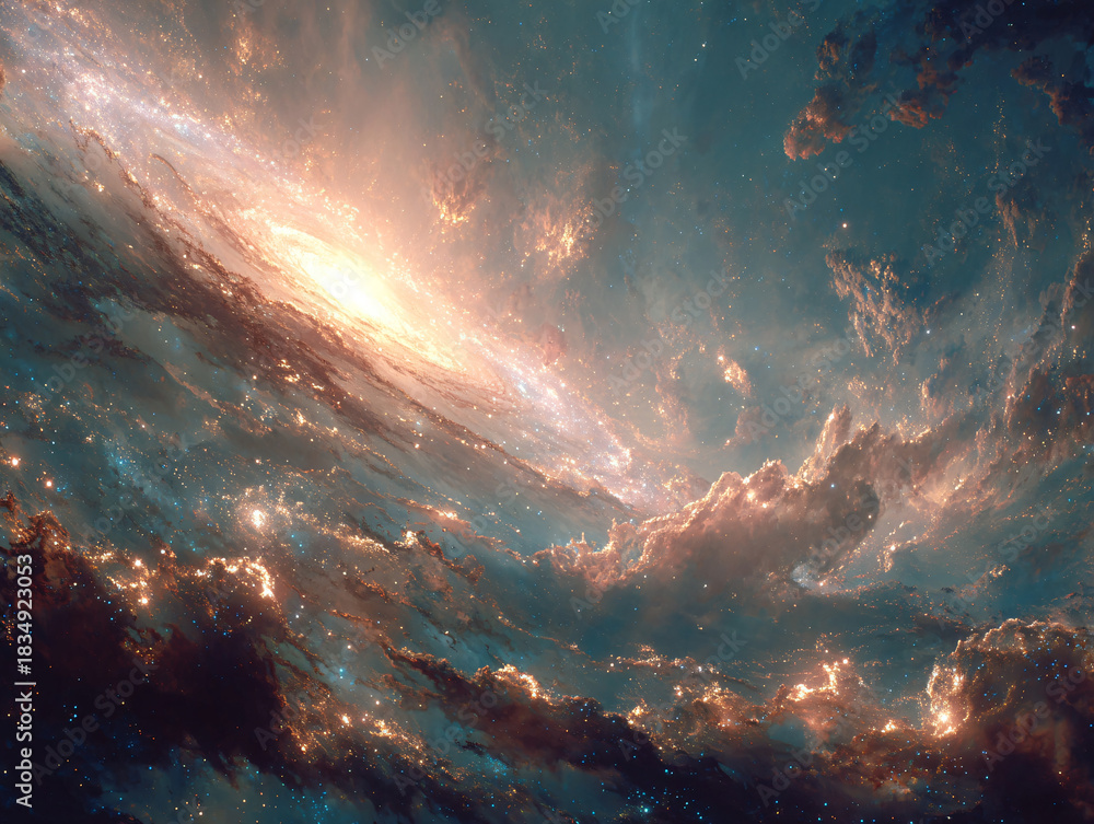 Obraz premium a swirling nebula with a bright, glowing center, surrounded by a mix of dark and illuminated clouds. The colors range from deep blues and blacks to warm yellows and oranges