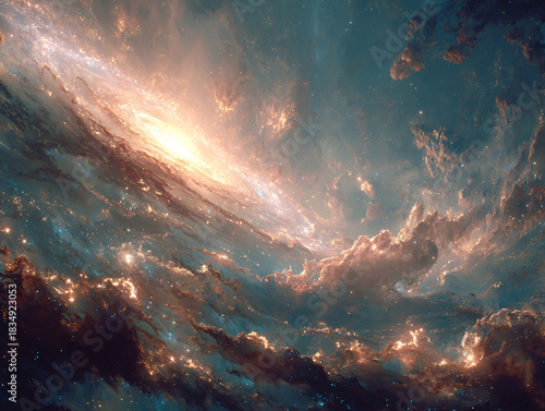 a swirling nebula with a bright, glowing center, surrounded by a mix of dark and illuminated clouds. The colors range from deep blues and blacks to warm yellows and oranges