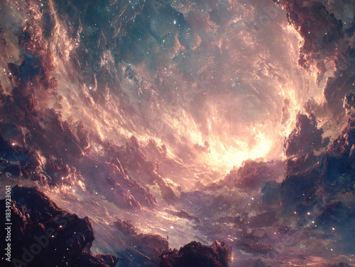 a swirling nebula with a bright, glowing center, surrounded by a mix of dark and illuminated clouds. The colors range from deep blues and blacks to warm yellows and oranges