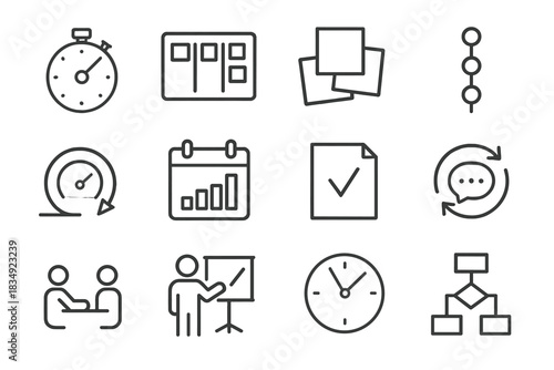 Flowchart productivity project clock sprint icons vector focus analyst tracker analytics icon