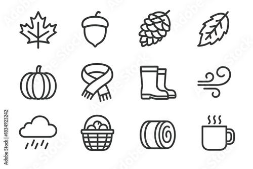 Rain icon scarf essentials autumn vector falling pumpkin hay swirl pinecone icons