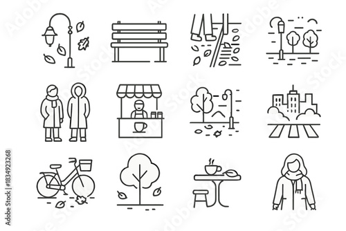 Basket autumn vector park icons streetlamp coats icon urban foggy falling cafe