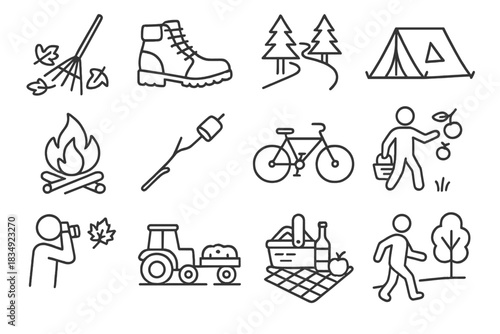 Camping autumn vector nature leaves activity forest hiking icon tent apples icons