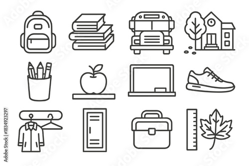 Lunchbox icon autumn locker chalkboard stack school sneakers near vector tree