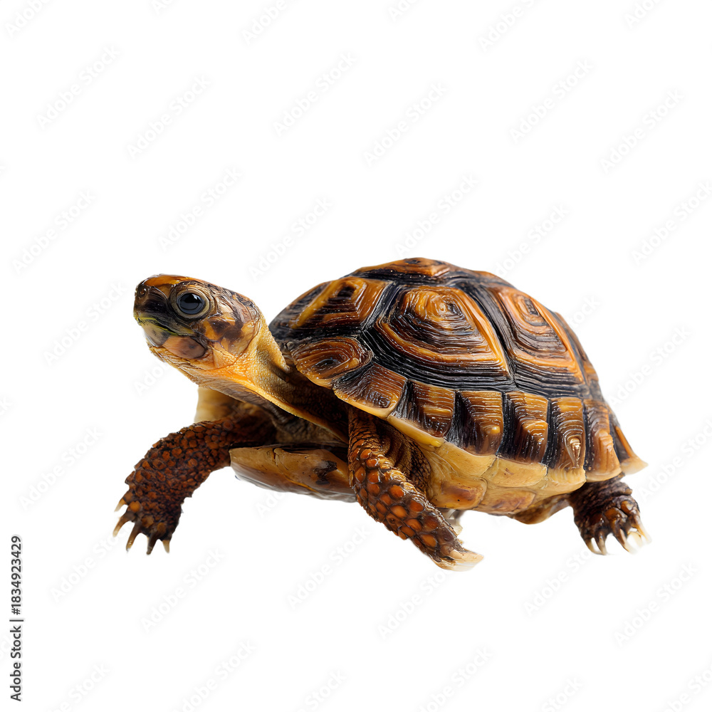 Obraz premium Close up of a small turtle with brown and yellow patterned shell and skin on a black background isolated on a transparent background 