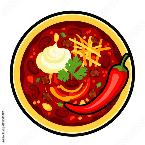 Vibrant bowl of chili con carne topped with sour cream, shredded cheese, and a chili pepper