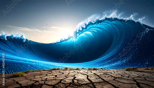 Fototapeta Naklejka Na Ścianę i Meble -  Dramatic ocean wave crashing on dry shoreline