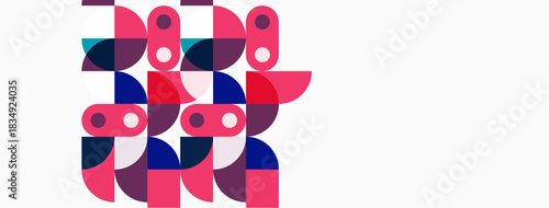 Abstract geometric shapes, pinks, blues, purples dominate composition. Minimalist design, clean lines, modern aesthetic.