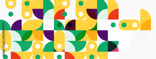Abstract geometric pattern. Colorful circles, squares, curves create modern design. Bright hues dominate white background.