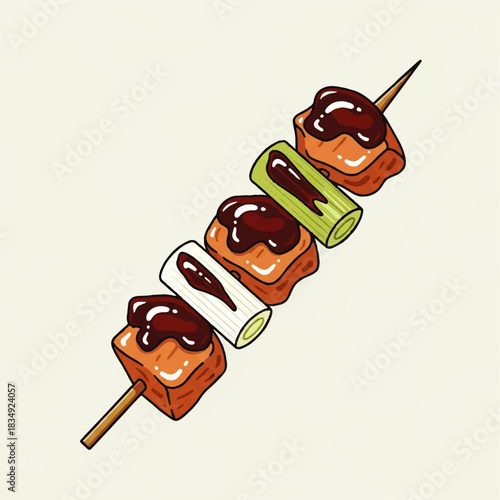 Flat vector illustration of a delicious grilled food skewer with savory bites and green onions, drizzled with a rich sauce, great for culinary and menu designs