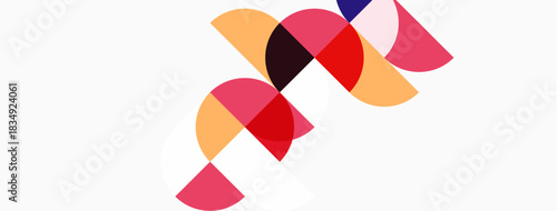 Abstract colorful semicircles overlap white background. Modern design, simple shapes, vibrant hues create dynamic composition.