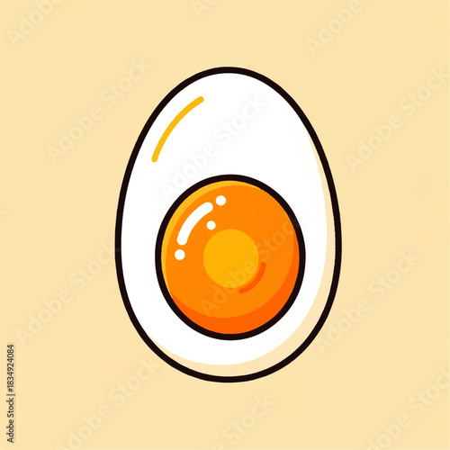Flat vector icon of a perfectly cooked hard-boiled egg with a vibrant orange yolk on a light beige background
