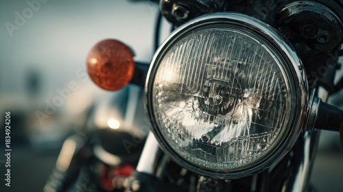 Close up view of a motorcycle's front light showcasing its chrome details and lens reflectivity in an outdoor setting during dusk