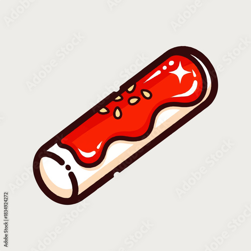 A stylized, flat vector icon of a delicious rolled snack with a vibrant red topping and sprinkled sesame seeds, perfect for culinary and food-related designs