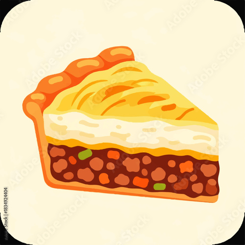 A delicious slice of savory meat pie with a golden-brown crust, perfect for a hearty meal