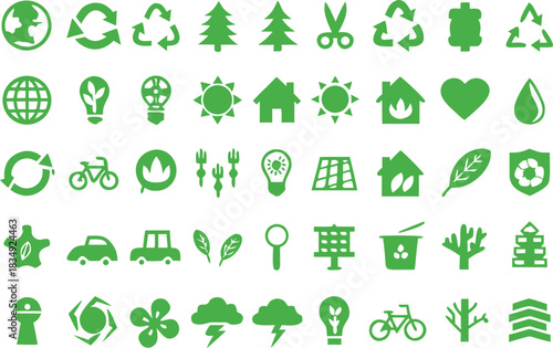 Collection of green environmental icons representing sustainability ecology and a healthy planet high-quality