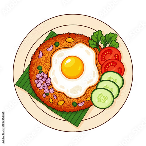 Delicious Nasi Goreng with Fried Egg and Fresh Garnish, A Vector Illustration of Indonesian Fried Rice