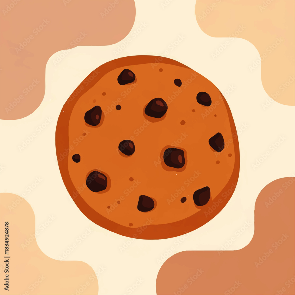 Fototapeta premium Flat vector illustration of a delicious chocolate chip cookie on a light brown background with abstract shapes