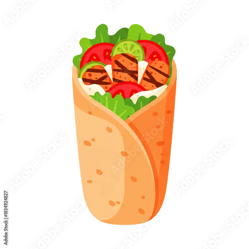 Delicious illustration of a fully loaded wrap sandwich with fresh ingredients, perfect for food-related content