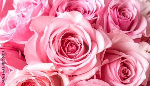 Close-up of a vibrant bouquet featuring multiple light pink roses with intricate petal arrangements and a soft, blurred background