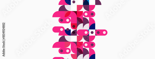 Abstract geometric shapes, pinks, purples, navy. Overlapping circles, rectangles create dynamic composition. Minimalist design, modern aesthetic.