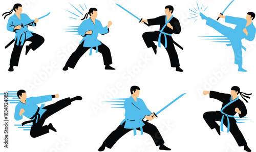 Martial arts action poses illustration, karate fighters training with kicks, punches and swords, dynamic movement silhouette for sports design