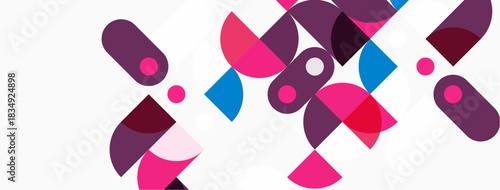 Abstract geometric shapes overlap, creating vibrant composition. Pink, purple, blue hues dominate white background. Modern design element.