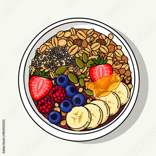 Flat vector illustration of a vibrant healthy breakfast bowl. Packed with fresh berries, banana, granola, and seeds for a nutritious meal graphic, ideal for wellness content