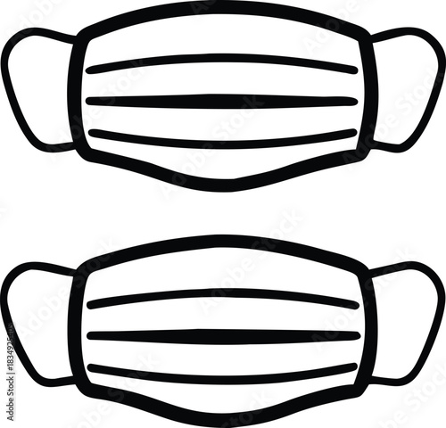Two black and white line drawing illustrations of disposable protective face masks are