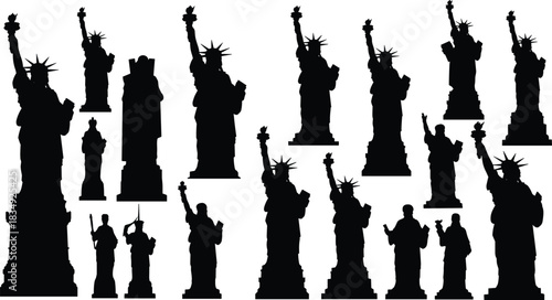 Multiple silhouettes of the Statue of Liberty in various angles, showcasing iconic landmark shapes, patriotic symbolism, historic monument design, and American cultural heritage