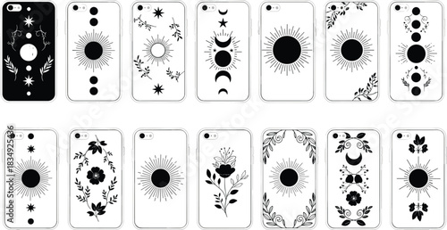 Mystical moon and sun aesthetic phone case designs with floral elements, celestial line art patterns, modern boho spiritual smartphone artwork