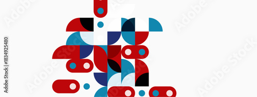 Abstract geometric shapes, red, blue, white. Composition features circles, curves, overlapping forms. Minimalist design, modern aesthetic.