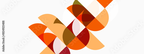 Abstract geometric shapes overlap, creating warm color palette. Composition features circles, rectangles, curves. Minimalist design evokes modern aesthetic.