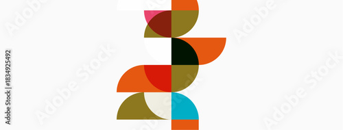 Abstract geometric shapes stacked vertically. Colors include orange, brown, green, blue, red. Minimalist design on white background.