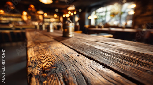Close up of a rustic wooden table in a dimly lit bar with blurred background and warm lighting