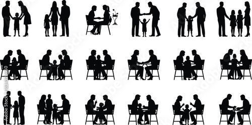 Silhouette family communication and parenting interaction set showing parents and children engaging in conversation, guidance, counseling, support, emotional bonding, and daily relationship activities