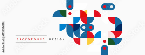 Abstract geometric shapes, vibrant colors, modern design elements. Background features overlapping circles, squares, rectangles. Minimalist aesthetic.