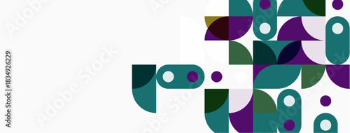 Abstract geometric shapes, circles, squares, overlapping forms. Teal, purple, green hues dominate white background. Modern design element.
