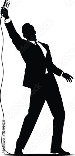 Silhouette of confident singer holding microphone on stage performing, music concert illustration for entertainment, karaoke, performance, passion and artistic expression.