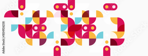 Abstract geometric shapes, vibrant colors, playful design. Composition features overlapping forms, creating dynamic visual texture.