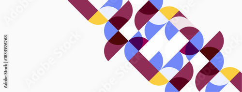Abstract geometric pattern. Overlapping shapes create dynamic visual texture. Colors include burgundy, blue, yellow, white. Minimalist design.