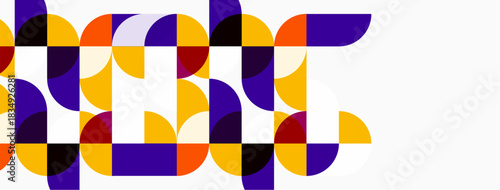 Abstract geometric pattern. Orange, purple, brown semicircles create repeating design. Minimalist style, clean lines, modern aesthetic.