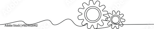 A continuous black line drawing illustrates two interlocking mechanical gears on a clean white background