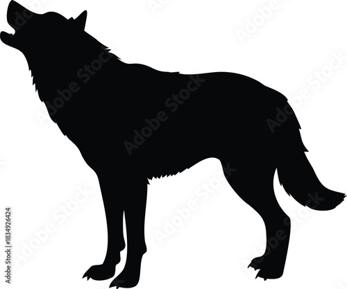 A striking black silhouette depicts a wolf with its head raised howling at