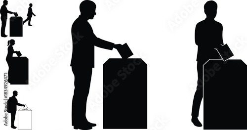 Silhouette of people casting vote in ballot box, election process illustration, democracy and political participation concept with voters and polling station
