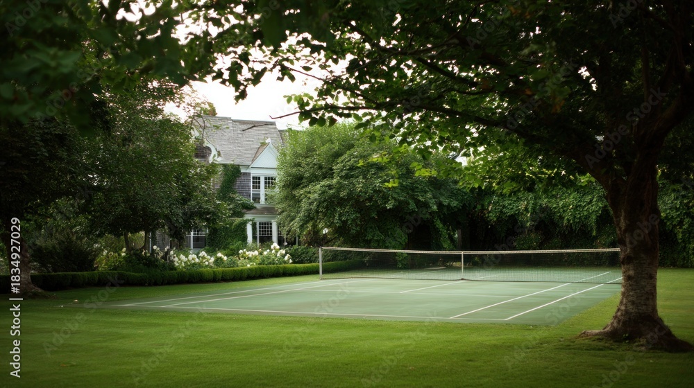 Fototapeta premium Tennis court view through trees on a sunny day for leisure activity