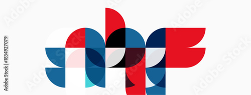 Abstract geometric shapes overlap, creating dynamic composition. Red, blue, gray tones dominate neutral background. Modern design.