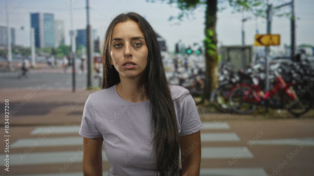 Fototapeta premium Woman standing at street crosswalk with visible face acne and long hair, looking down amid parked bicycles and city buildings; pensive solitude.